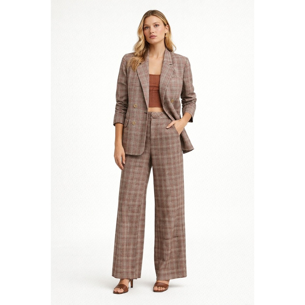 Maeve Anthropologie Plaid Blazer Wide Leg Pant Suit Set 10P/12 Maroon Linen